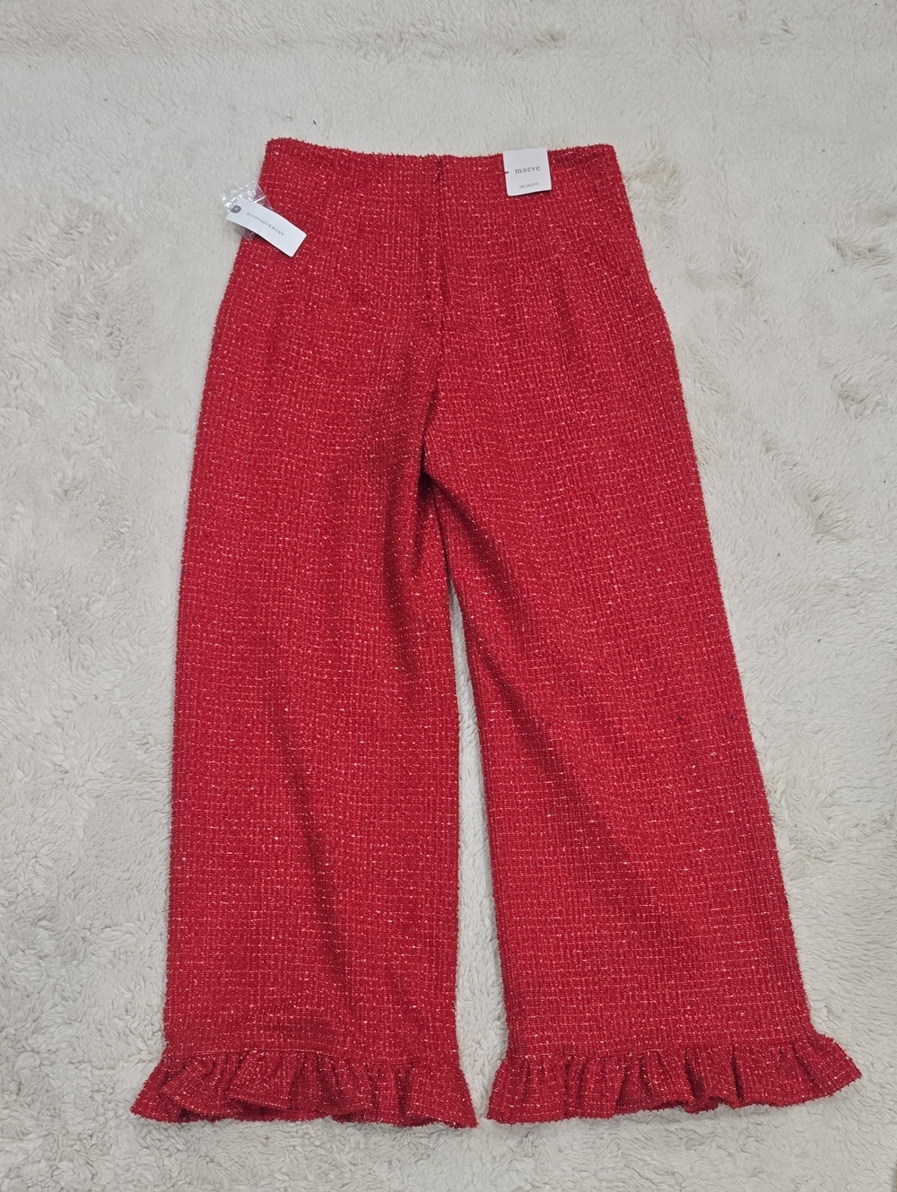 Maeve Red Tweed Ruffle-Hem Wide Leg Pants